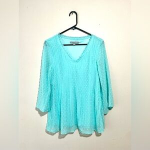 Valerie Stevens Aqua Layered Swiss Dot V Neck Lined Blouse Women's M Beach EUC